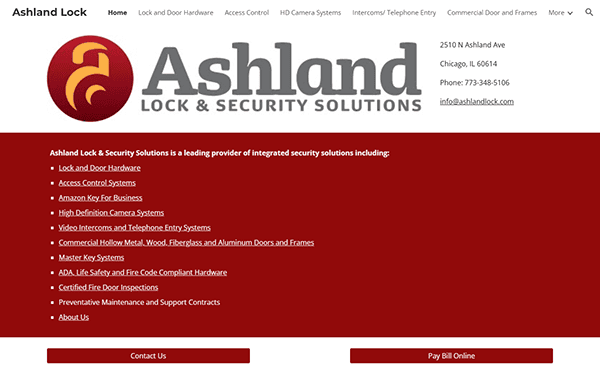 Screenshot of Ashland Lock & Security Solutions website, one of the best locksmith websites, showcasing their logo, contact details, and a list of services like lock hardware and camera systems. Features include links to services and online bill payment for seamless customer experience.