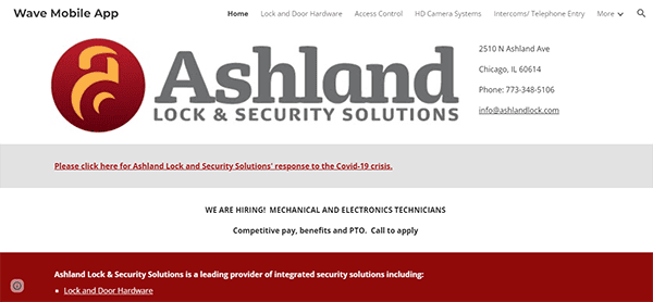 Website of Ashland Lock & Security Solutions, showing company details, job openings for mechanical and electronics technicians, and a link to the company's Covid-19 response.