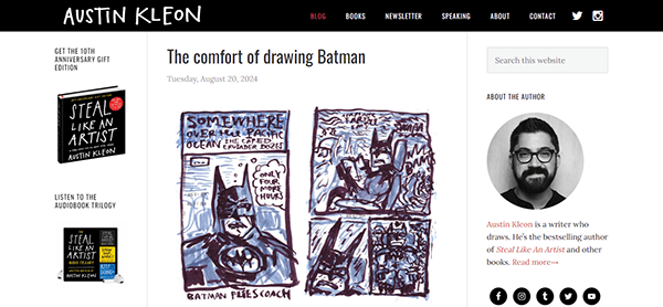 Screenshot of a webpage on Austin Kleon's site titled "The comfort of drawing Batman" with an illustration of Batman in a comic book style. The page includes a sidebar with information about the author and his works.