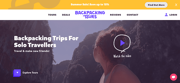 A website homepage for Backpacking Tours showing a woman looking at a mountainous landscape. The site offers tours, deals, reviews, and contact options. A "Watch the video" button is visible.