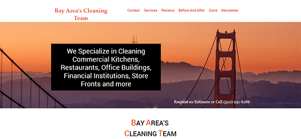 Screenshot of a cleaning service website with the Golden Gate Bridge in the background. Text reads: "We specialize in cleaning commercial kitchens, restaurants, office buildings, financial institutions, store fronts, and more.