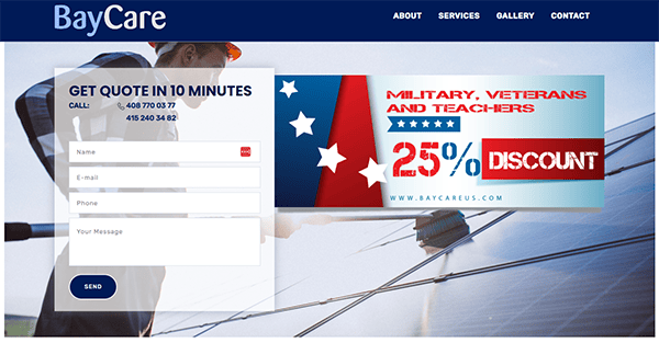 Website screenshot featuring a BayCare header, contact form for quotes, and a 25% discount offer for military, veterans, and teachers. Background image shows a person working with solar panels.