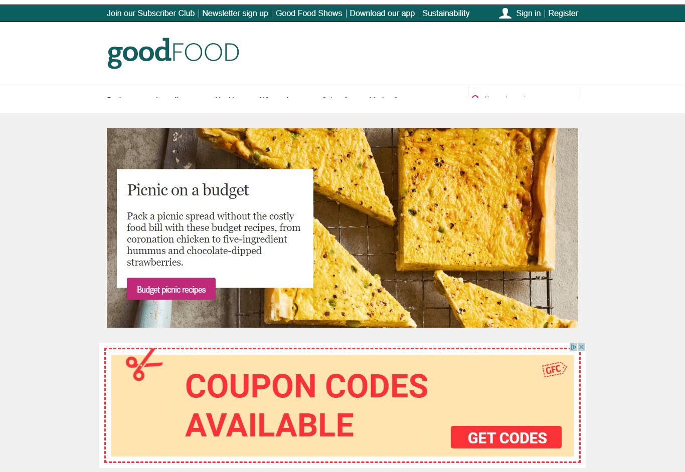 Website screenshot featuring a recipe section at the top for budget picnic ideas, and a prominent banner at the bottom advertising the availability of coupon codes.