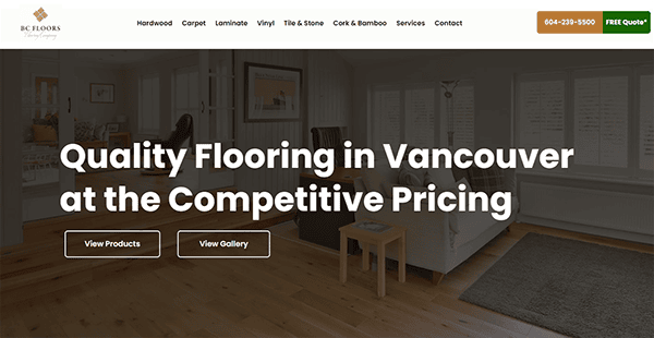 Website of BC Floors showcasing living room interiors with hardwood flooring and two buttons labeled "View Products" and "View Gallery". A contact number and "FREE Quote" button are visible on the top right.