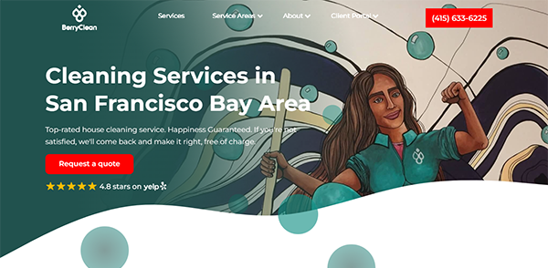 Website for BerryClean offering cleaning services in the San Francisco Bay Area. Features a request a quote button, contact number, and a 4.8-star rating on Yelp. Image of a person with cleaning tools.