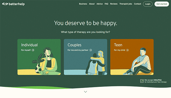 A website landing page offering therapy services with three categories: Individual, Couples, and Teen. Each category is represented by an illustration of people. The header reads, "You deserve to be happy.