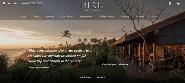 Homepage of Bird Luxury Travel PR featuring a scenic resort with a testimonial from Malik Fernando, Owner. Text includes contact information and navigation menu. Image of Cape Weligama, Sri Lanka in the background.