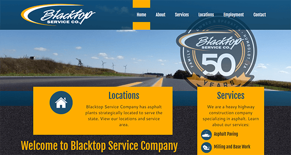 Homepage of Blacktop Service Company displaying navigation options, company logo with "50 years" emblem, and sections on locations and services. Blue sky and road image in the background.