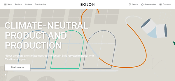 Website screenshot of Bolon highlighting their climate-neutral product and production, featuring the text "All our products are climate-neutral and contain 68% recycled material with 0% climate impact.