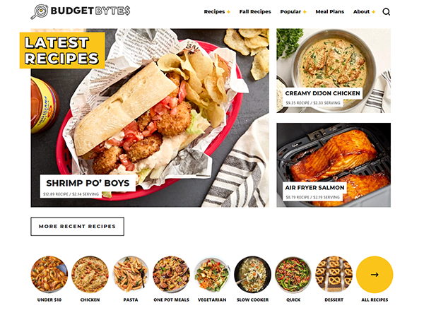 A webpage from Budget Bytes features various recipes: a Shrimp Po' Boys sandwich, Creamy Dijon Chicken, and Air Fryer Salmon. The page includes links to categories like pasta, one-pot meals, and slow cooker.