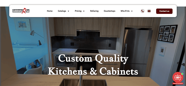 Screenshot of a kitchen-focused company's website homepage, featuring a modern kitchen with the text "Custom Quality Kitchens & Cabinets" overlaid.