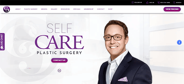 A website homepage for Self Care Plastic Surgery featuring a man in a suit and glasses, along with navigation links and a "Contact Us" button.