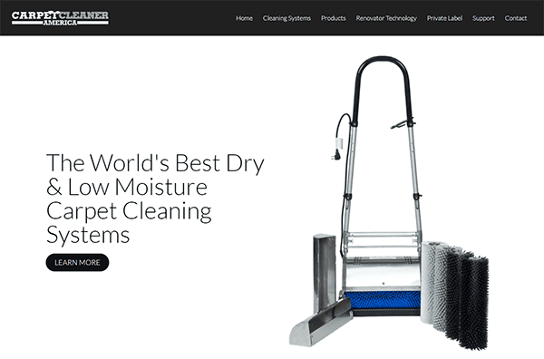 Image showing a carpet cleaning machine with multiple attachments. A text overlay reads "The World's Best Dry & Low Moisture Carpet Cleaning Systems" next to a "Learn More" button.