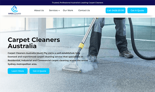 A person uses a steam cleaner on a carpet. Text on the image advertises Carpet Cleaners Australia offering residential, industrial, and commercial services in the Sydney metropolitan area.