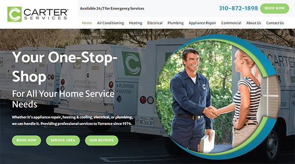 Carter Services website with a slogan, "Your One-Stop-Shop For All Your Home Service Needs." An image of a technician shaking hands with a customer is shown alongside service trucks in the background.