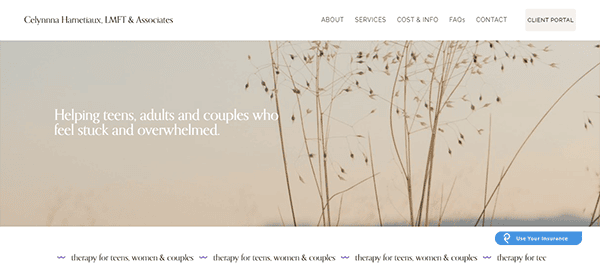 Screenshot of a therapy website showing the company name, service offerings, and a serene background with dry grass. The text says "Helping teens, adults and couples who feel stuck and overwhelmed.