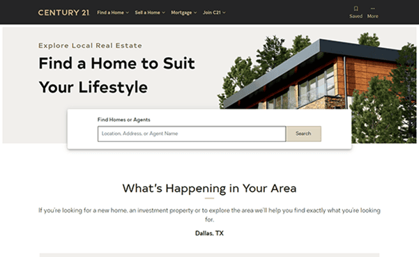 Screenshot of a Century 21 real estate website homepage with a search bar for finding homes or agents and information about properties in Dallas, TX.