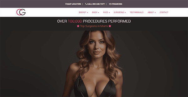 A promotional image for a cosmetic surgery clinic showing a woman in black attire. Text above reads, "Over 100,000 procedures performed. Top Surgeons in Miami." Contact details and menu tabs are visible.