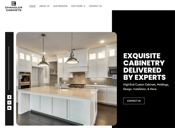 A modern kitchen with white cabinets, a large island with a sink, pendant lights, and stainless steel appliances. The text advertises "Exquisite Cabinetry Delivered by Experts" from Chandler Cabinets.