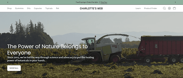 A farm harvesting hemp plants with machinery under a clear sky. The overlay text highlights Charlotte's Web's commitment to science and advocacy in hemp-based products since 2013.