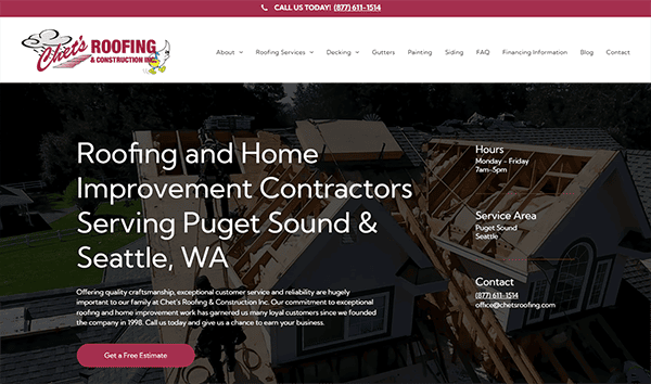 Website homepage for Victor’s Roofing & Construction showcases roofing projects, contact information, and service hours. Banner reads "Roofing and Home Improvement Contractors Serving Puget Sound & Seattle, WA." Explore one of the best commercial roofing websites in the industry.