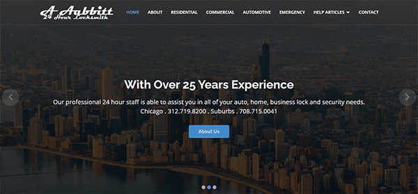 Website homepage for a 24-hour locksmith service with over 25 years of experience. It provides services for auto, home, and business security in Chicago and surrounding suburbs with contact details.