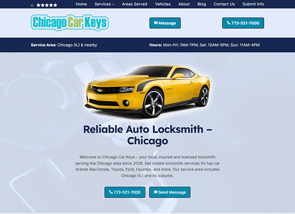 Discover Chicago Car Keys, a standout in the realm of locksmith websites, showcasing a striking yellow sports car image. Find contact info and service hours for expert locksmith services specializing in top car brands.