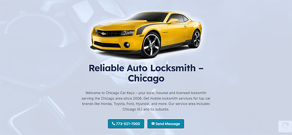 Advertisement for Reliable Auto Locksmith in Chicago featuring a yellow car, service descriptions, a phone number, and a "Send Message" button.