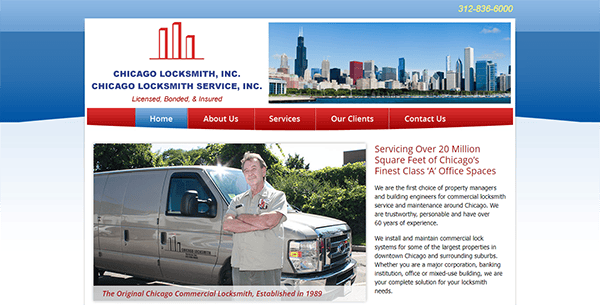 Screenshot of a locksmith company's website. Features a man in uniform standing next to a van, company logo and contact information at the top, and text detailing their services.