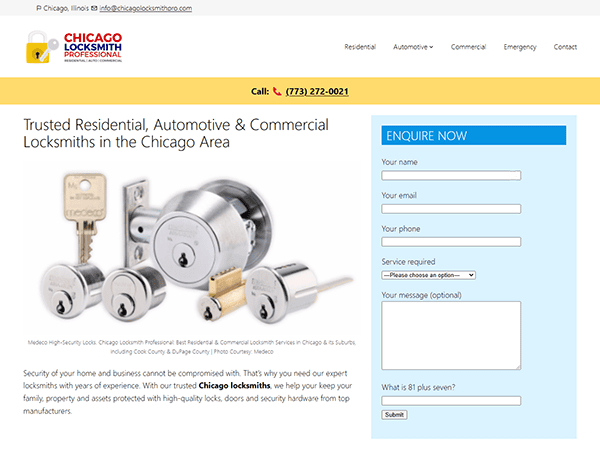 Discover Chicago Locksmith Professionals, recognized among the best locksmith websites. Explore contact details, lock images, and an enquiry form for residential, automotive, and commercial services in the Chicago area.