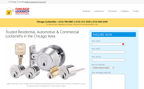 Website page of Chicago Locksmith Professional showing various locks, keys, and contact details. Text fields for inquiry are on the right.