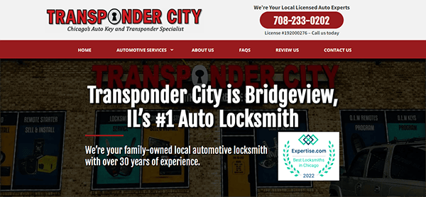 Transponder City website homepage highlighting its status as Bridgeview, IL's #1 auto locksmith, showcasing their services, contact number, and an award badge for expertise.com recognition in 2022.