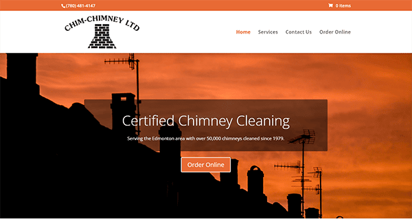 Website homepage of Chim-Chimney Ltd, displaying a silhouette of rooftops and chimneys against an orange sky. The website offers certified chimney cleaning services and an option to order online.