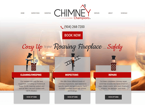 Screenshot of the Chimney Champions website. Contact number and "Book Now" button are prominent. Sections for Cleaning/Sweeping, Inspections, and Repairs are highlighted with "View Options" buttons.