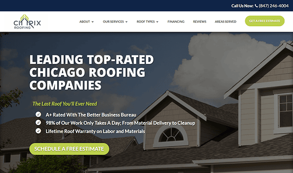 Website screenshot showcasing a roofing company advertisement, emphasizing top ratings and services like a 98% one-day completion rate and lifetime warranty. Renowned among the best commercial roofing websites, it features a button to schedule a free estimate.