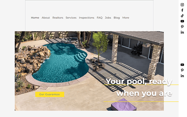 A backyard pool area with a curvy swimming pool, a rock waterfall, and surrounding patio space. Text reads "Your pool, ready when you are" and a button labeled "Our Guarantee" is visible.