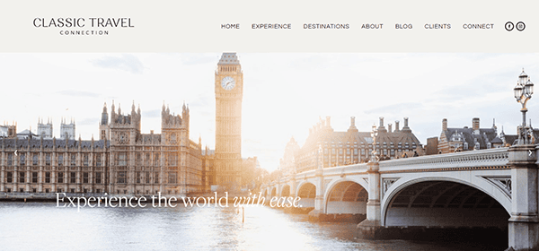 A travel website homepage featuring London's Big Ben and the Westminster Bridge with text: "Experience the world with ease." Navigation menu includes Home, Experience, Destinations, About, Blog, Clients, and Connect.