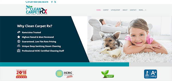 Screenshot of the Clean Carpet Rx website showing a child and a dog lying on a carpet with text highlighting the company's services and credentials on the left side.