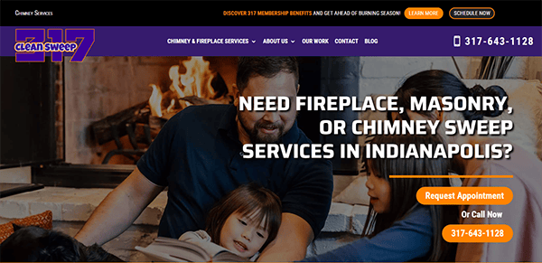 A man and two children sit by a lit fireplace. The text on the image reads, "Need fireplace, masonry, or chimney sweep services in Indianapolis?" and provides a phone number and options to schedule an appointment.