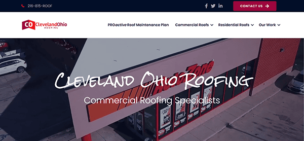 Aerial view of Cleveland Ohio Roofing building with company logo. Text on image reads: "Cleveland Ohio Roofing" and "Best Commercial Roofing Specialists." Explore our commercial roofing websites for more information.