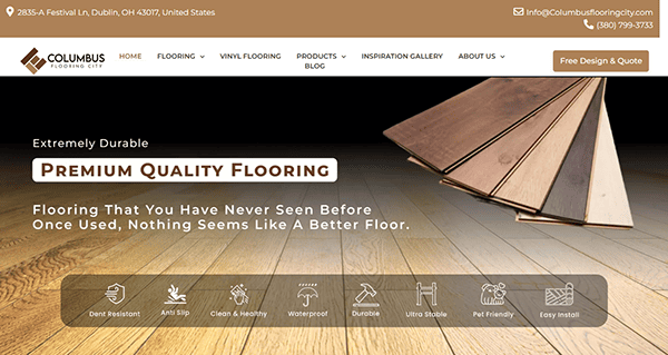 Screenshot of Columbus Flooring City website promoting premium quality flooring. Header includes contact info and navigation links. Main content highlights floor durability with features icons and product examples.