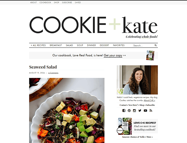 Screenshot of a webpage from the site "Cookie and Kate" featuring a recipe for seaweed salad with a photo of the dish and a sidebar showing the author, a cookbook advertisement, and social media buttons.