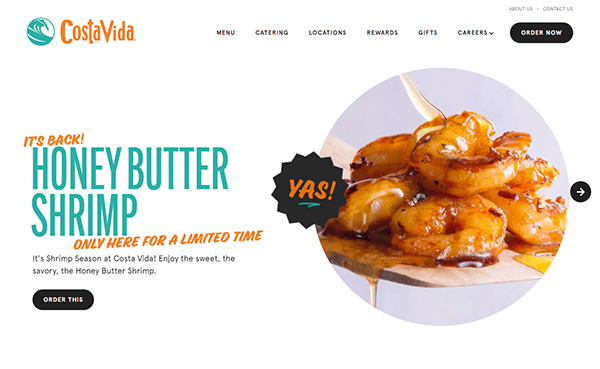 Advertisement for Costa Vida's limited-time Honey Butter Shrimp, featuring a close-up of glazed shrimp skewers with the text "It's Back! Honey Butter Shrimp." Options to order and other navigation are shown.