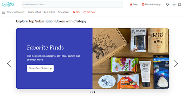 Screenshot of Cratejoy’s website featuring a "Favorite Finds" section with subscription boxes including snacks, gadgets, and self-care items. A list of product categories is at the top.