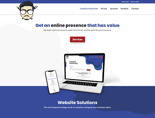 Screenshot of a web page for Creative Dutchman, featuring a laptop and smartphone display. The header reads "Get an online presence that has value," with a "Services" button below. Sections include Website Solutions.