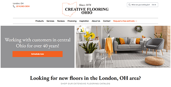 Creative Flooring Ohio website homepage featuring a banner with contact information, a call-to-action button for scheduling, and a section promoting flooring options in London, OH.