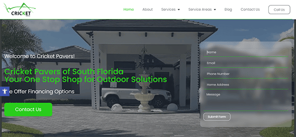 Screenshot of Cricket Pavers website displaying a banner with a house and contact form. The banner says, "Cricket Pavers of South Florida: Your One Stop Shop for Outdoor Solutions.