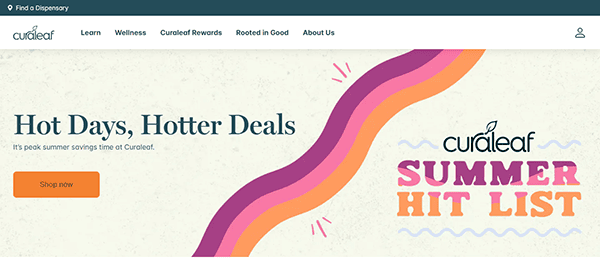 Curaleaf website banner promoting summer deals with the text "Hot Days, Hotter Deals" and "Summer Hit List." There is an orange "Shop now" button.