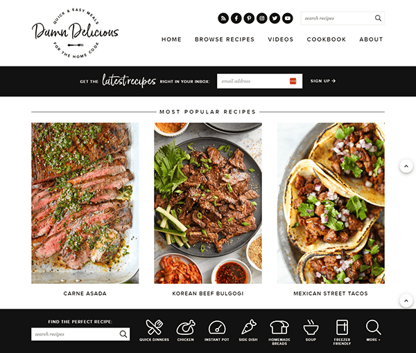 A website showcases recipes with images. Three dishes are displayed: Carne Asada, Korean Beef Bulgogi, and Mexican Street Tacos. The navigation menu features categories like Browse Recipes, Videos, and Cookbook.