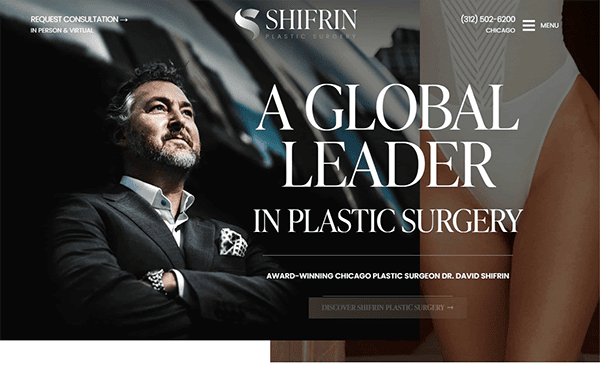 Shifrin Plastic Surgery homepage showcasing "A Global Leader in Plastic Surgery" with an image of a man in a suit and contact information in the top right corner.